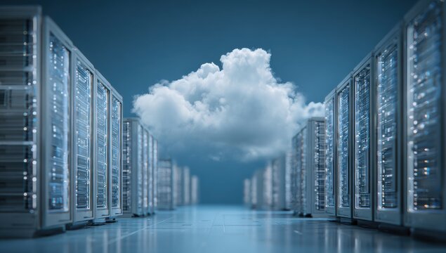 A blue background with cloud technology and data center equipment