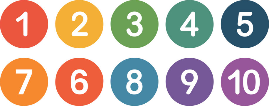 Colorful number circles from 1 to 10, each with a different color and a clear, bold number in the center, perfect for educational or decorative purposes