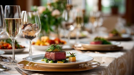 A beautifully arranged dining table featuring gourmet dishes, elegant glassware, and fresh flowers, creating an inviting atmosphere for a special meal.