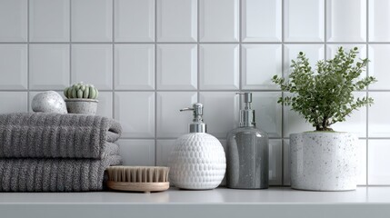 Modern Minimalist Bathroom Shelf Decor with Stacked Gray Towels, Decorative Vases and Green Plant in White Pot for Contemporary Home Interior Design