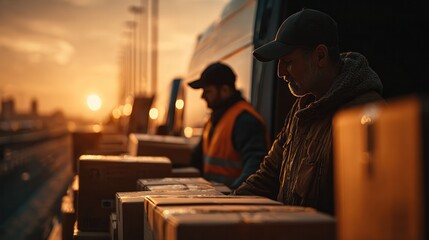 Workers loading cargo containers onto trucks at sunset in an industrial shipping yard with warm golden light, emphasizing logistics, transportation, and maritime industry