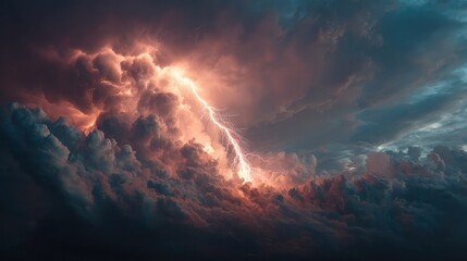 Dramatic lightning storm with vibrant clouds and intense electrical discharge illuminating dark sky du severe weather event