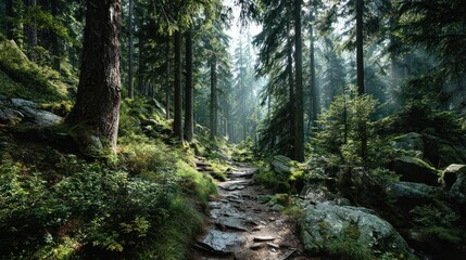 Serene lush green forest landscape with tall trees dense foliage and a rocky trail winding through the woods du daylight with sunlight filte through canopy