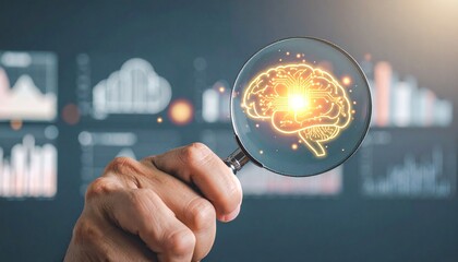 Person holding magnifying glass over glowing brain, representing scientific research and data analysis.