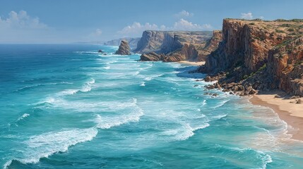 Breathtaking view of rugged coastal cliffs with layered rock formations and sandy beach shoreline alongside turquoise ocean waves under a partly cloudy sky