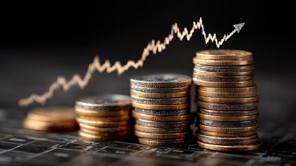 Business financial growth concept with stacked coins increasing in height and a trending upward arrow graph symbolizing investment, profit, and economic success