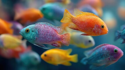 Vibrant various colorful freshwater tropical fish swimming in clear aquarium water with diverse species in a lively aquatic habitat scene