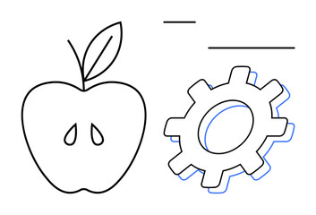 Apple symbolizing health alongside a gear representing technology and progress. Ideal for health tech, nutrition, wellness, innovation, productivity, modern design, simple flat metaphor