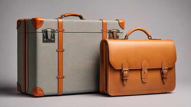 Business Travel Accessories Modern Workspace Product Photography Studio Setting Close-Up View Stylish Leather Suitcases and Briefcase for Professionals