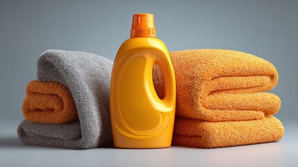 Cleanliness and Laundry Service Concept with Soft Towels and Detergent Bottle on Light Background for Domestic Cleaning or Hospitality Use