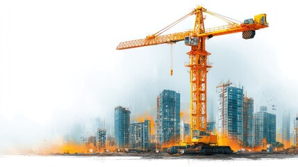 Construction site with a large yellow tower crane working on modern high-rise buildings under development in an urban cityscape