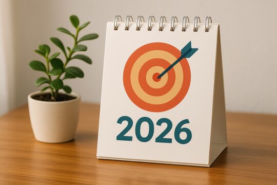 Calendar with Target Design for Year 2026 on Wooden Table with Plant in Background