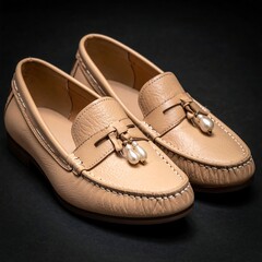 Close-up of two tan leather loafers on black surface