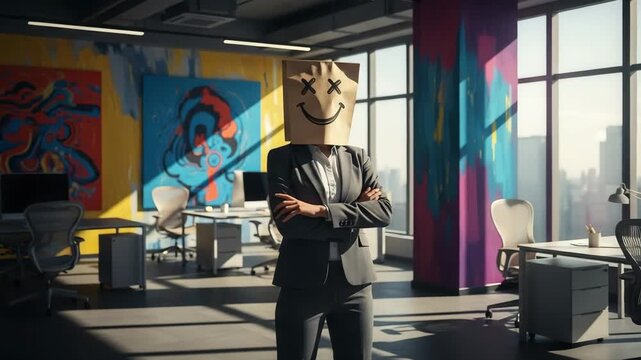 Amusing businesswoman wearing paper bag mask in colorful modern office, adding playful humor to workplace culture