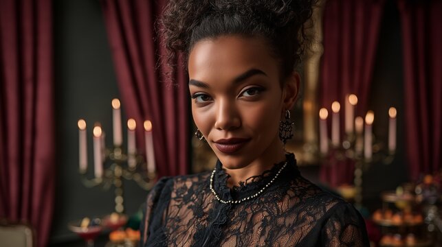 Upscale Halloween ambiance with ornate details, gourmet food, and gothic elegance, perfect for a mysterious adult gathering.