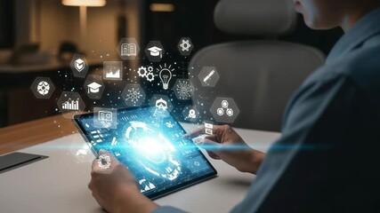 Woman interacting with immersive digital interface on tablet device, modern digital learning or business intelligence - Powered by Adobe