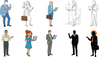 Business People Vector Set – Professional Characters with Laptops, Briefcases, and Office Attire for Corporate Design, Marketing, Presentations, and Workplace Concepts