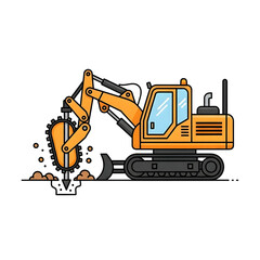 Industrial trencher excavator with a powerful rock saw digging a narrow channel into the earth