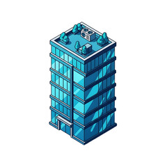 Isometric View of a Modern Blue Glass Office Building with Rooftop HVAC Unit