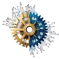 Digital transformation concept showing the integration of mechanical gears and electronic circuits
