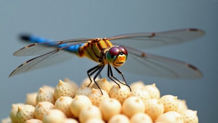 Close up of a colorful dragonfly perched on a plant bud