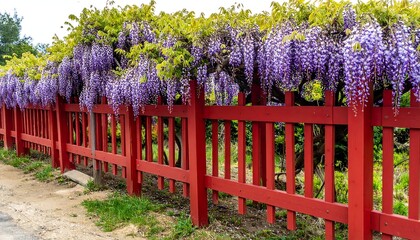 Red fence lined with cascading purple flowers and green foliage
