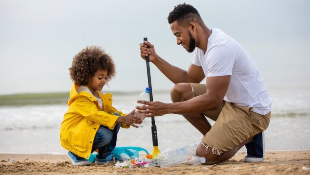 Caring African American father and his young daughter in a yellow raincoat cleaning up plastic bottle pollution on a sandy beach
 - Powered by Adobe