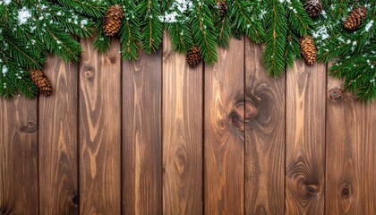 Wooden background with green pine branches and cones. Perfect for rustic Christmas decoration, festive greeting, and winter design.