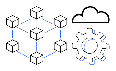 Fototapeta premium Interconnected blocks linked by lines next to a cloud and gear. Ideal for blockchain, cloud computing, technology, data management, innovation, digitalization, network. Simple flat metaphor