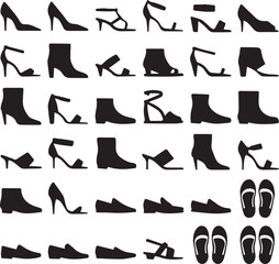 Fototapeta premium Collection of black silhouette footwear including high heels boots sandals and flip flops shoes