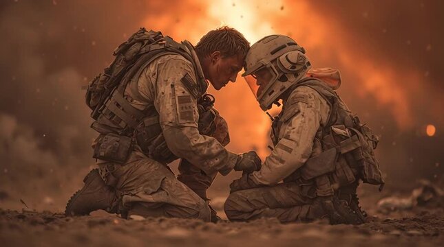 Combat medic kneels, face smudged with dirt, providing aid to a wounded soldier. Chaotic, smoky battlefield. Raw, heroic, and human moment amidst destruction.