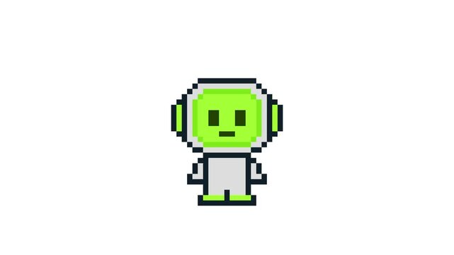 8-bit pixel art neon green ai robot fire attack. looped animation 4k 30fps