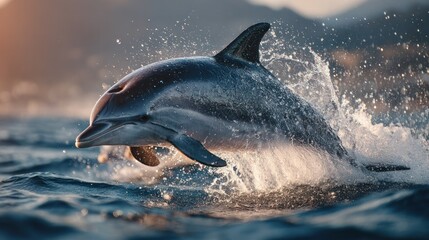 Fototapeta premium Dynamic high-speed dolphin jumping out of the water in the ocean with splash and spray under clear sky du daytime for marine wildlife and ocean adventure themes