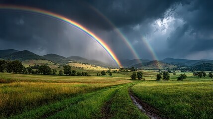 Obraz premium Vibrant rainbow arching across dark stormy sky over lush green fields and rolling hills du a dramatic weather change in a rural landscape in the countryside