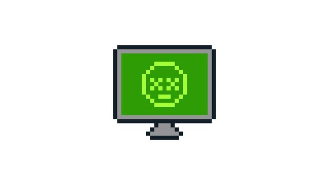 8-bit pixel art sade face icon on the green computer screen. looped animation 4k 30fps