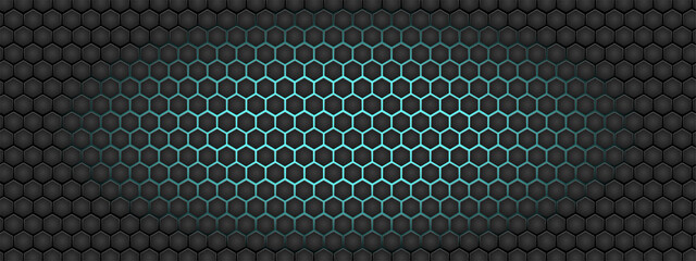 Geometric Hexagon Pattern Background With Dark Tiles And Blue Glow For Tech, Modern Design.