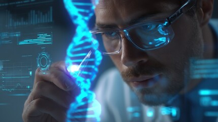 Medical AI integrated with data visualization, A scientist studies DNA strands while interacting with digital displays genetic data and analysis