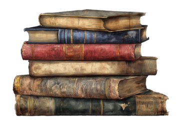 Stack of vintage illustration books showcasing unique designs and textures from a bygone era in a charming collection on a transparent background