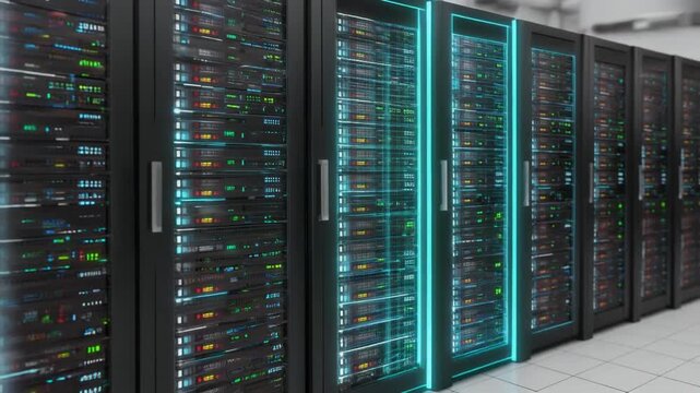 Server Scaling  Expanding infrastructure Concept. Many server racks 3D animation Render.