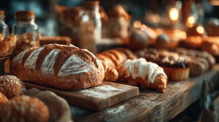 Freshly Baked Bread Bakery Counters Diverse Pastries Croissants and Loaves Rustic Food Spread An Assortment of Sourdough and Baked Goods on Wooden Table