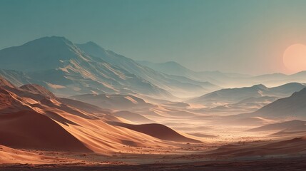 Breathtaking desert landscape with endless rolling sand dunes and distant mountains under a vibrant sunset sky with warm golden hues and atmospheric haze for scenic nature scene