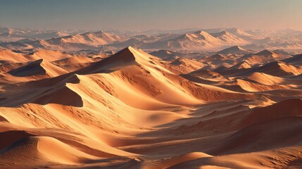 Naklejka premium Vast Expansive Desert Landscape with Golden Sand Dunes and Mountainous Background under Clear Sky Du Sunset or Sunrise