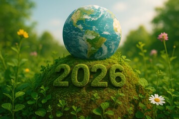 Earth on Green Mossy Hill with Year 2026 in Lush Nature Background for Environmental Themes