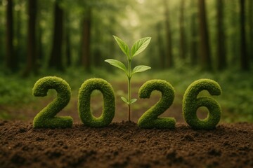 Green Numbers 2026 with Sprout in a Lush Forest Setting Symbolizing Growth and Sustainability