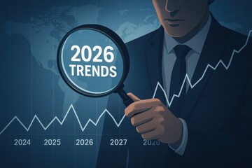 Businessman Analyzing Market Trends for Growth Insights in 2026 with Graph and Magnifying Glass