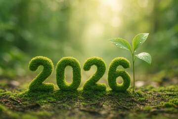 Green Moss Textured 2026 with Fresh Sprout in Natural Forest Background Symbolizing Renewal