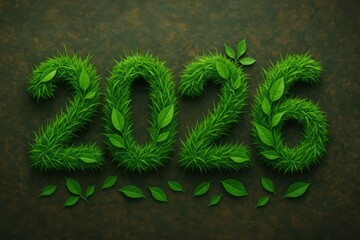 Green Grass and Leaves Forming the Year 2026 on Earthy Background for Natural Themes