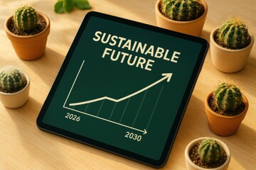 Trend Graph Showing Sustainable Future Growth with Cacti and Tablet on Wooden Table