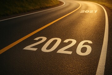Road Ahead with Future Years Indicated on Asphalt, Symbolizing Progress and Time Passage