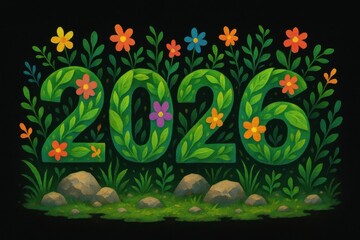 Vibrant Floral Design Featuring Year 2026 Surrounded by Nature Elements and Colorful Flowers